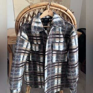 Forever 21 Brown, Cream & Gray Plaid Teddy Shacket